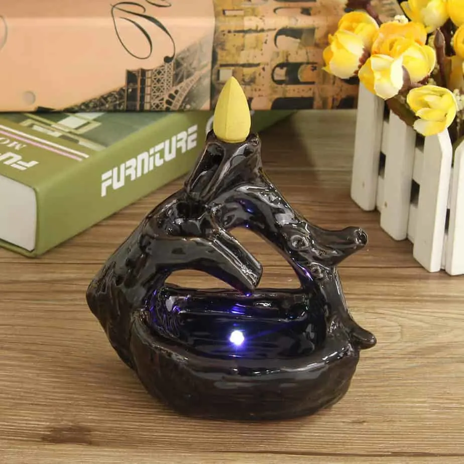 LED Light Buddhist Ceramic Waterfall Censer Burner Holder With 5 Incense Cones Without Battery