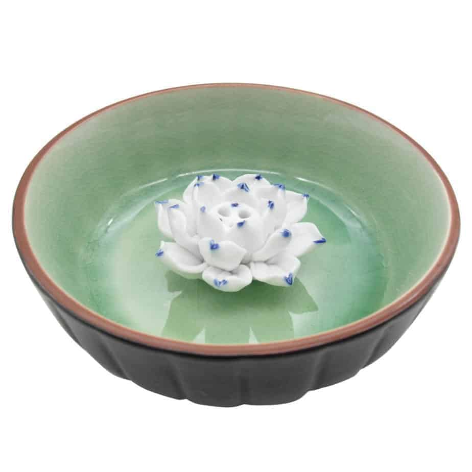 TrendBox Ceramic Handmade Artistic Veins Incense Holder Burner Stick Coil Lotus Ash Catcher Buddhist Water Lily Plate - Emerald
