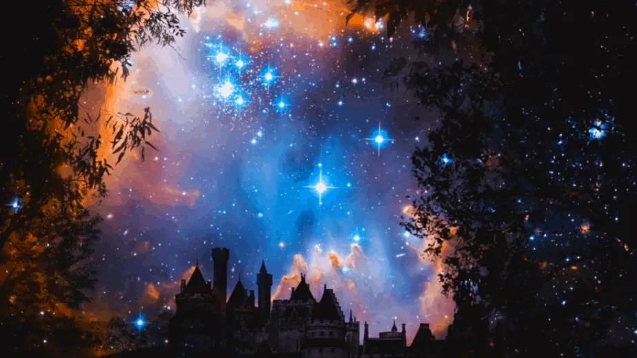 Decorative image of a castle and fantasy sky with bright stars and trees