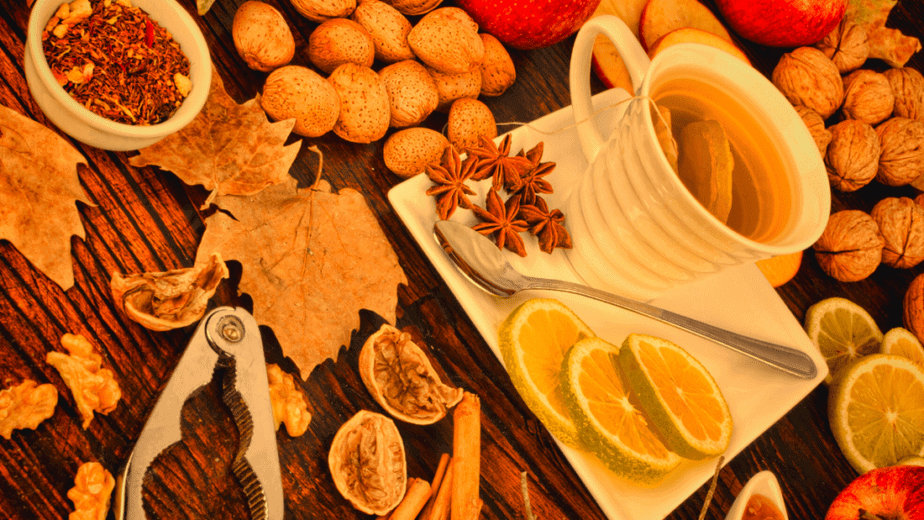 Decorative image of tea and spices for a Mabon kitchen witch gathering