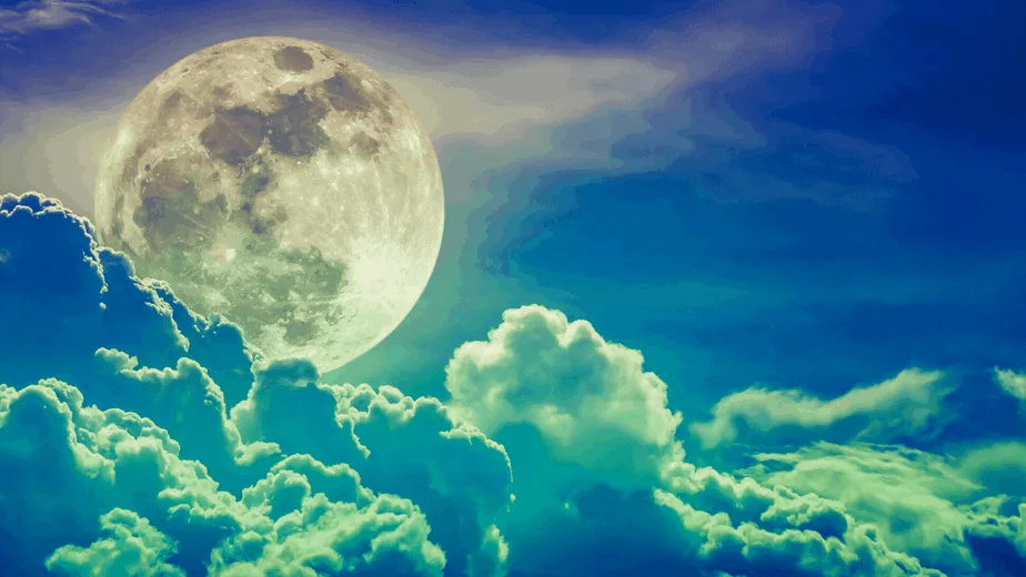 Decorative image of the moon in blue and green clouds