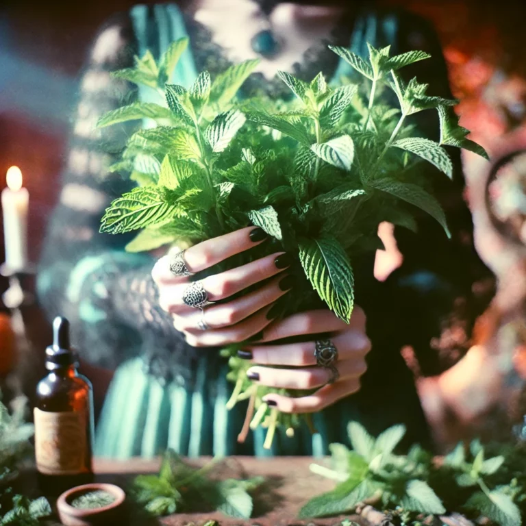 A woman holding a bundle of mint plants, set against a blurry witch altar in the background. The photo has the characteristics of Kodak Ektar film, a double-exposure technique, and a Harris Shutter effect, creating vivid and overlapping hues. The image is composed in a square aspect ratio.