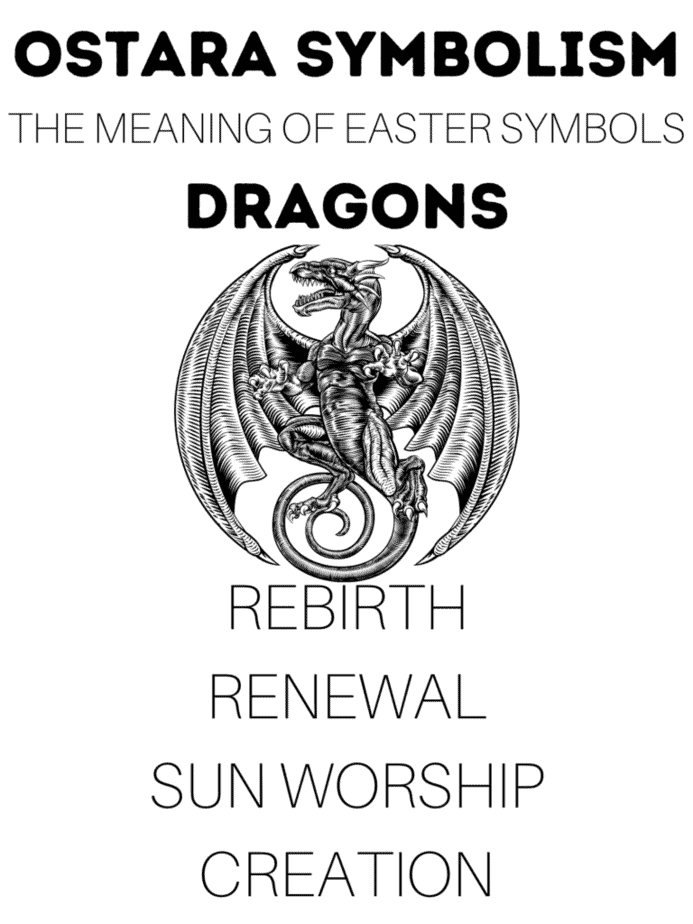 An infographic with the meaning of Ostara symbolism. This one features the dragon, which represents renewal and sun worship.