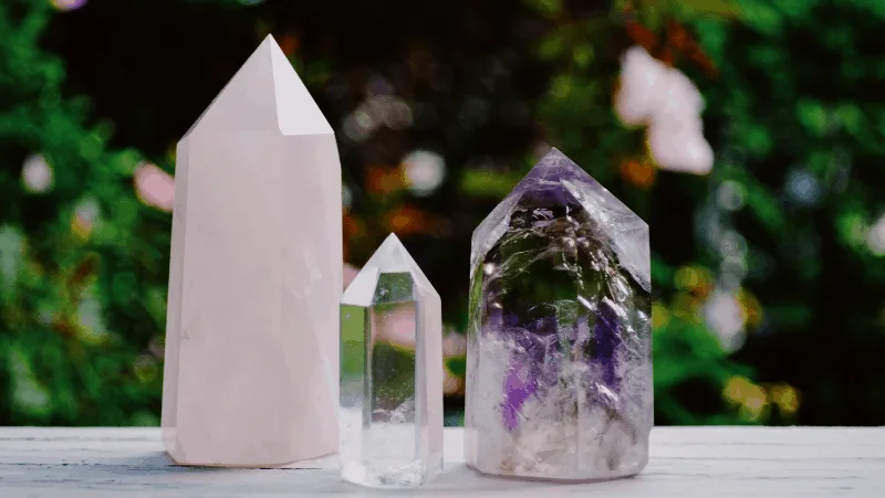 Amethyst, quartz, and rose quartz crystals