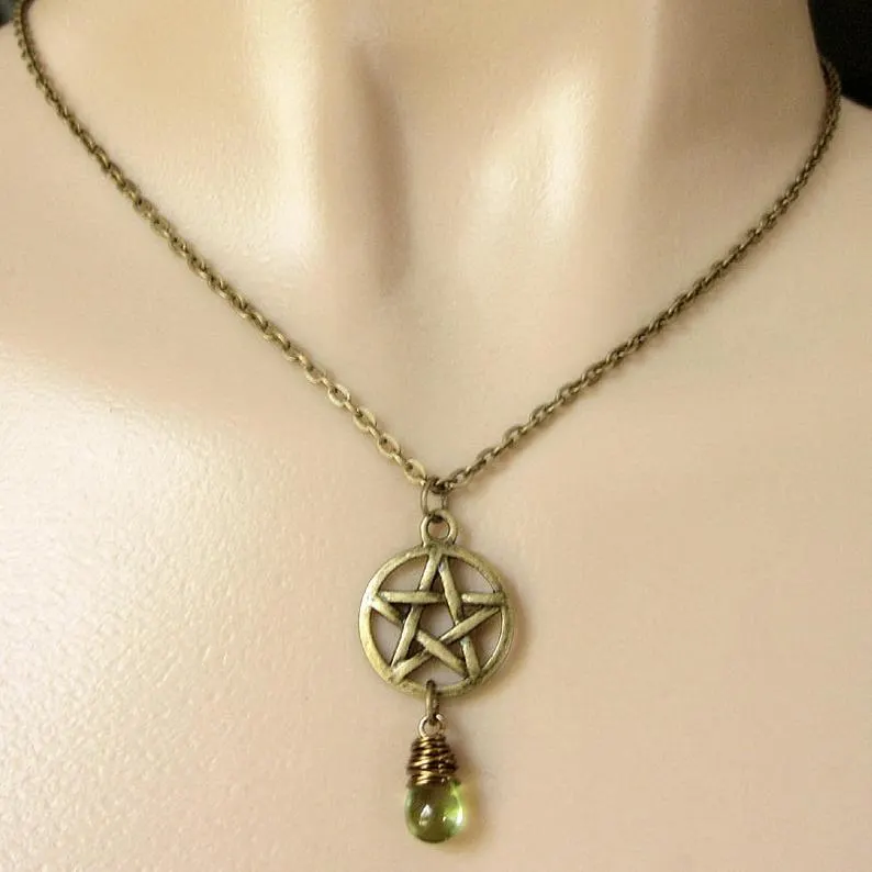 Pentacle Tear Drop Necklace With Colored Glass Bead