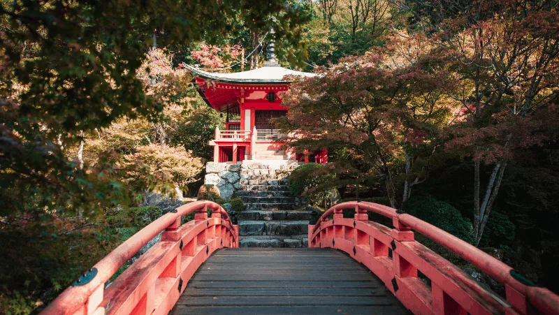 A Japanese shrine accessed by a bridge