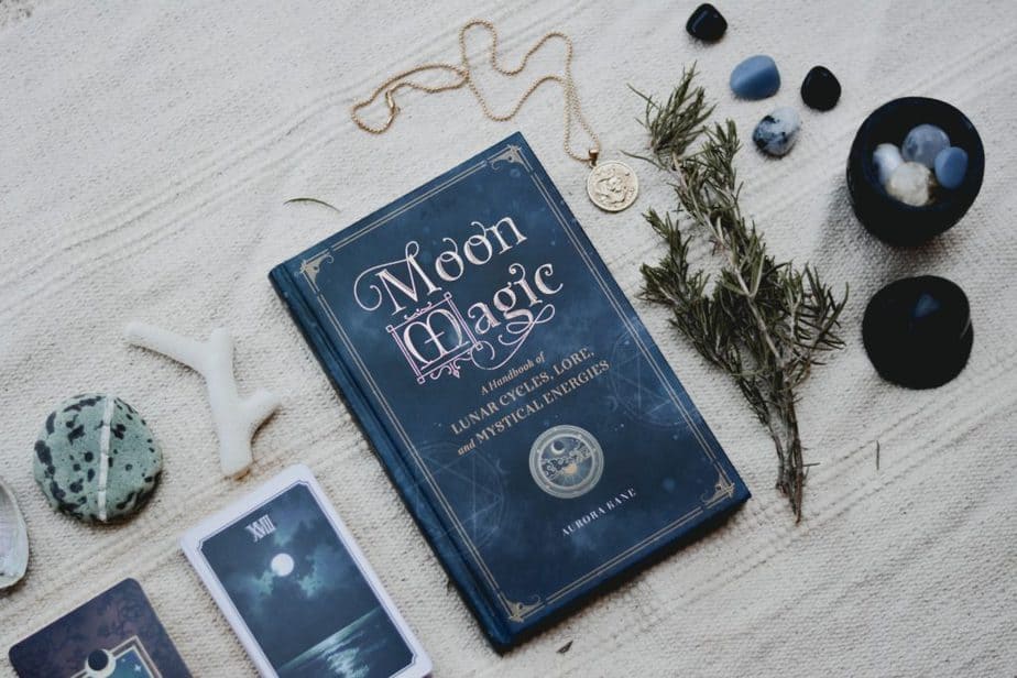 Moon magic book on a wicca altar