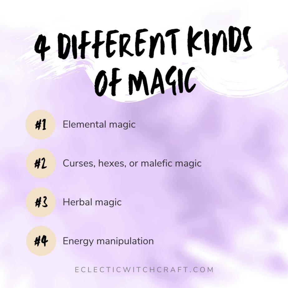 4 different kinds of magic: elemental magic, curses, hexes, or malefic magic, herbal magic, and energy manipulation. 