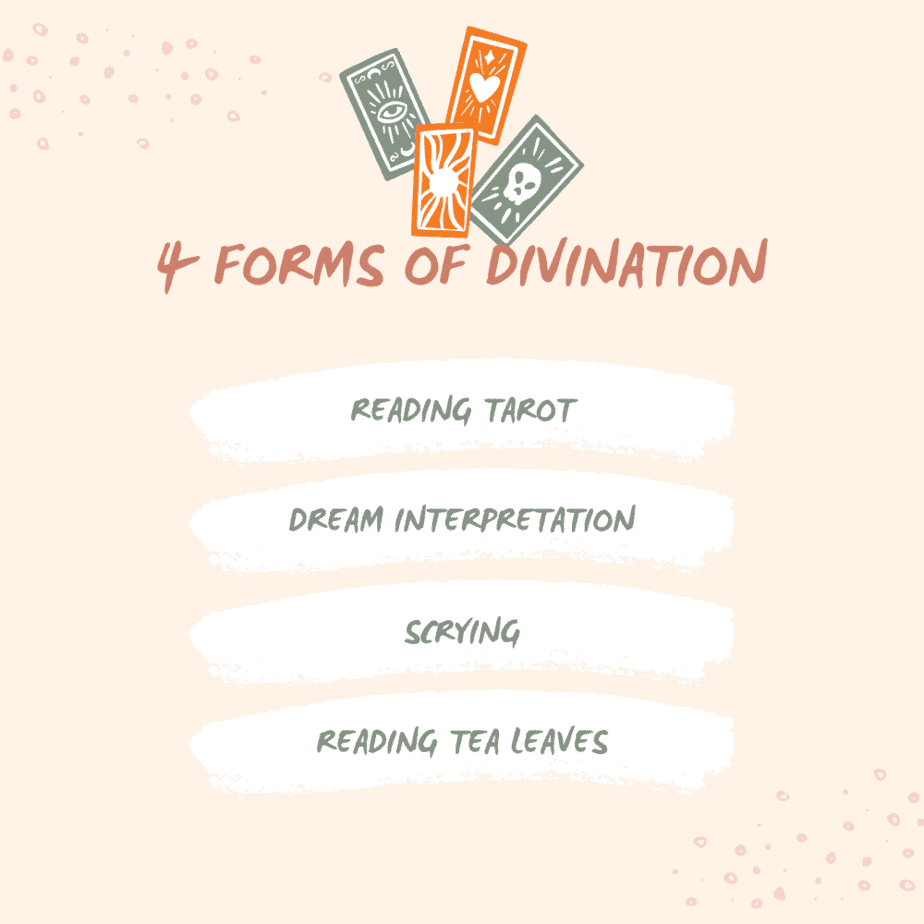 4 forms of divination: reading tarot, dream interpretation, scrying, and reading tea leaves.