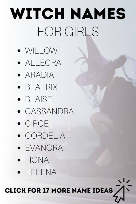 Witch names for girls. A list of witch names with a witch wearing a witch hat in the background.