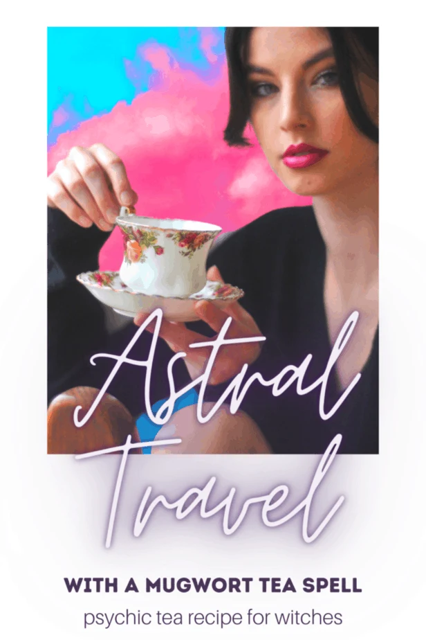 Try astral projection with mugwort tea! A woman holding a tea cup and looking at the audience with a colorful background