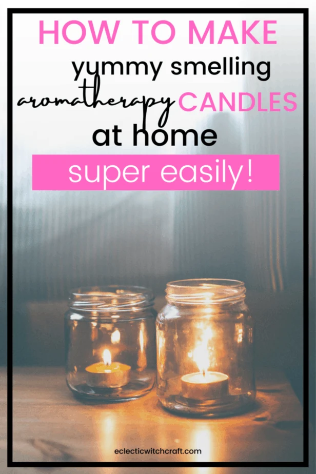 How to make yummy smelling aromatherapy candles at home super easily! Tea light candles in pickle jars on a wooden table.