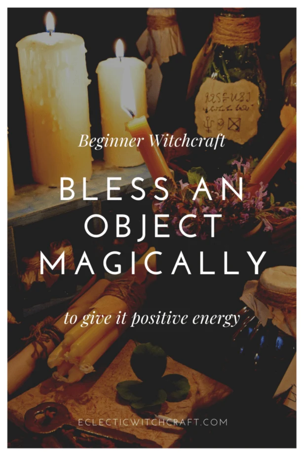 Beginner witchcraft: bless an object magically to give it positive energy. A witch's altar with lit candles, herbs, infusions, sigils, and jars.