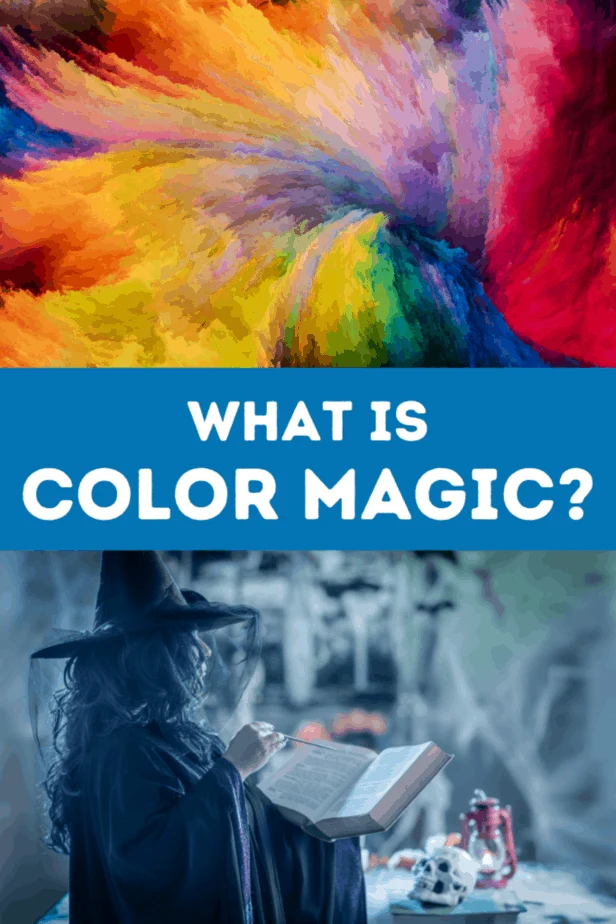 A colorful swirl of dust. A witch in a blue toned scene wearing a witch hat with netting. She's holding a book and a wand. In the background is an occult skull and lantern. What is color magic?
