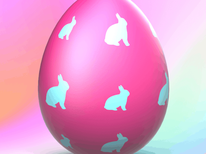 An easter egg on a rainbow background with blue bunnies on it