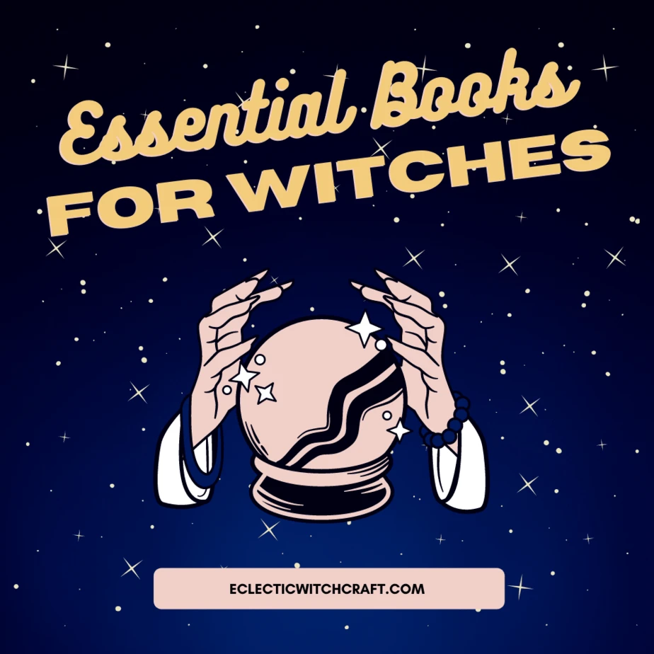 Essential books for witches. A starry sky and a psychic's hands hovering over a crystal ball.