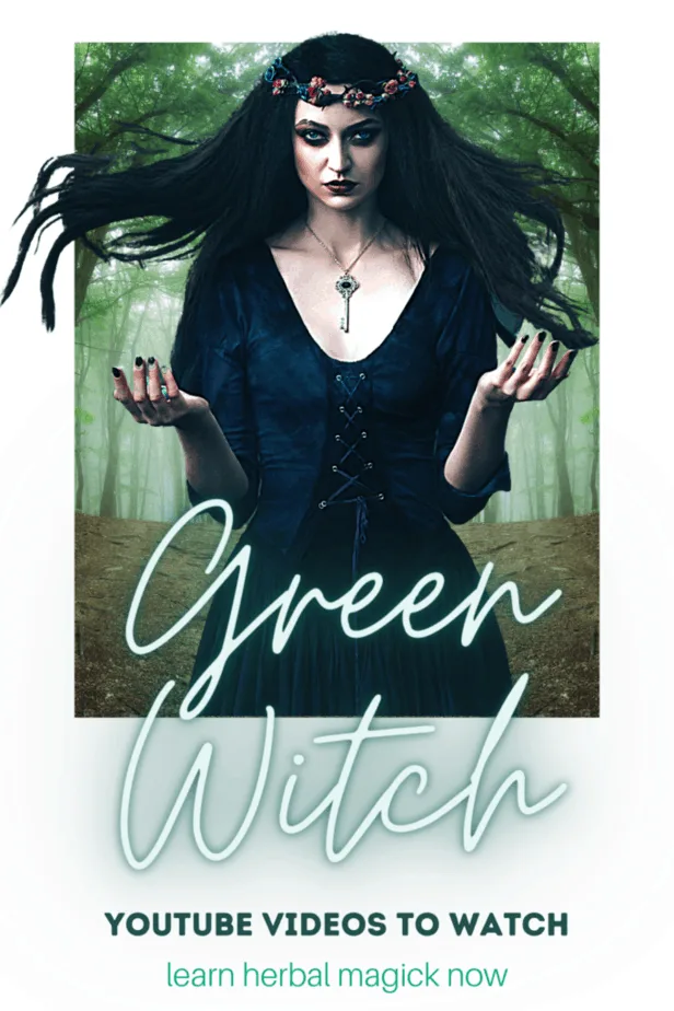 Green witch youtube videos to watch for beginner witches. Learn about herbal magick. A witchy woman with windswept hair in a foggy forest performing magic. She has a key on a necklace and a thorn and berry crown.