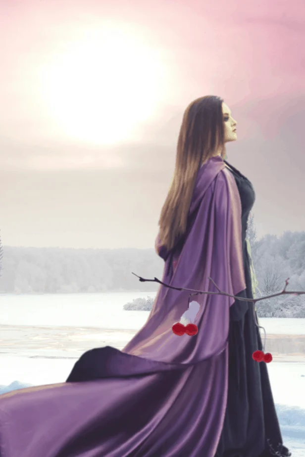 A witch in a purple cloak behind winter berries in a hazy winter landscape sunrise