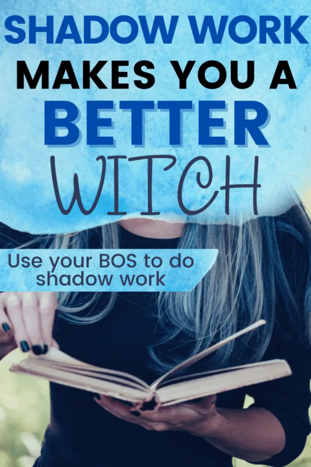 Shadow work makes you a better witch. Use your book of shadows to do shadow work. A witchy woman with blue hair and black nails holding an old book.