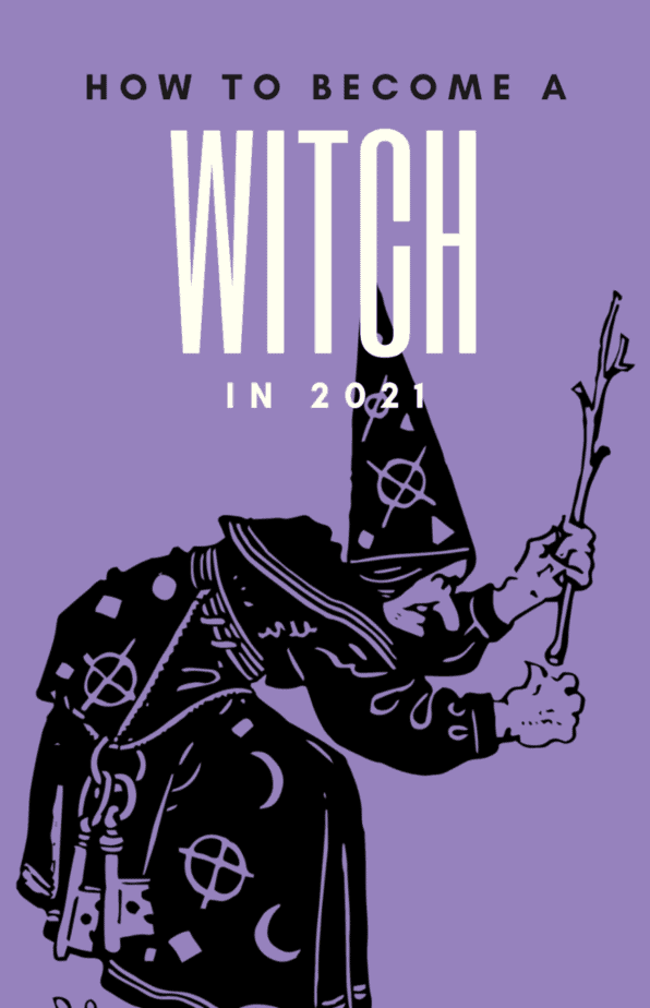How to become a witch in 2022. A witch with symbols on her hat and wearing keys on her belt uses a branch for witchcraft on a lilac background.