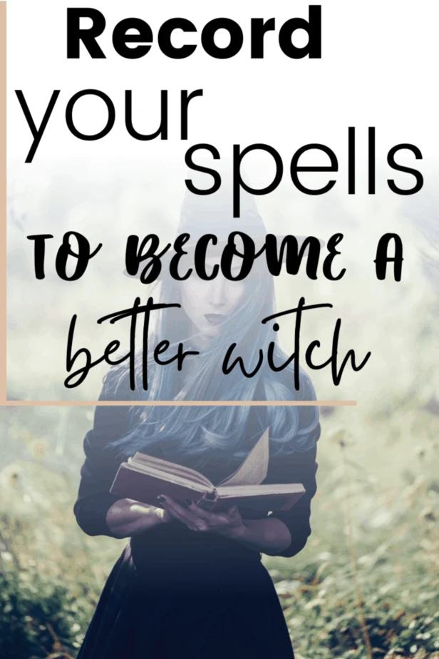 Record your spells to become a better witch. A witchy woman with black nails and blue hair holding an old book in a windy field.