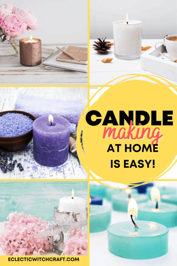 Candle making at home is easy! Candles in blue, purple, and white in various situations.