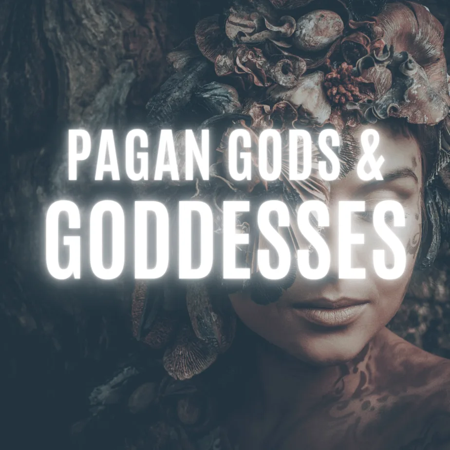 Pagan gods and goddesses. A woman representing a goddess with flowers and mushrooms on her head.