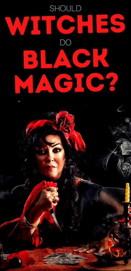 Should witches do black magic? A witch with a knife hovering over playing cards and a smoldering candle.