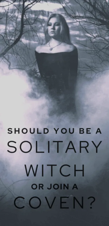 Should you be a solitary witch or join a coven? A witch in a foggy forest wearing a gothic chic dress and necklace looking quite sad