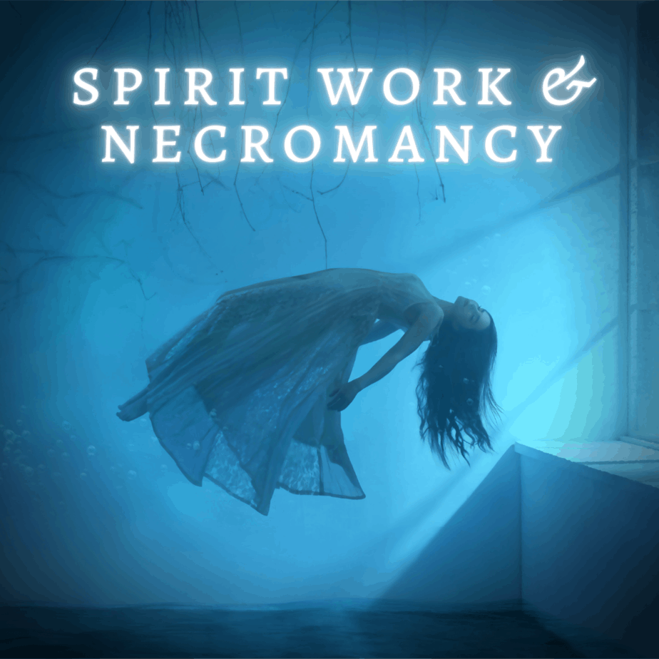 Spirit work and necromancy. A woman floating in a dark blue room.