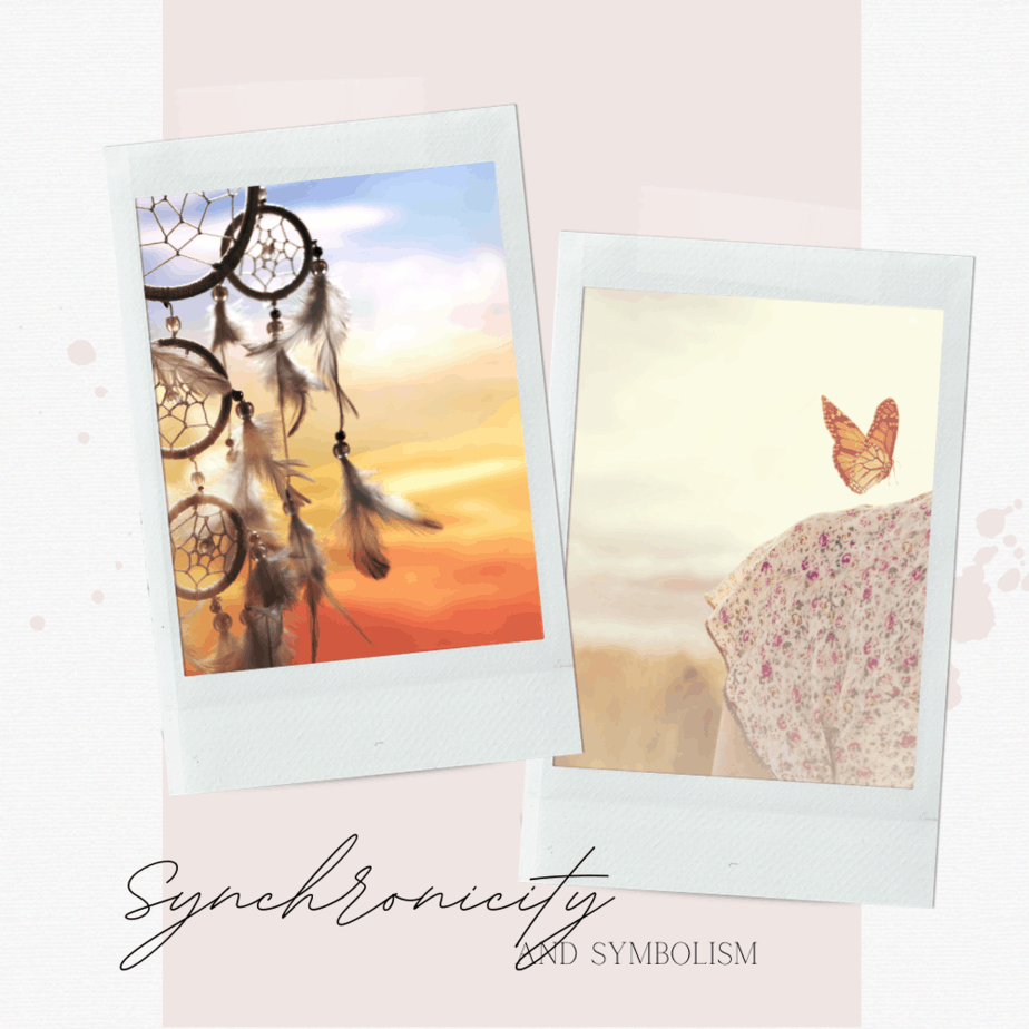A polaroid with a dream catcher and a sunset. A polaroid with a butterfly landing on a woman's shoulder. Synchronicity and symbolism.