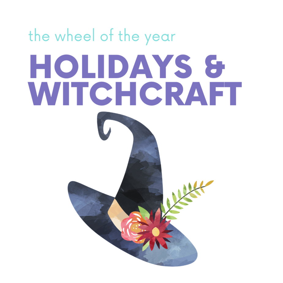 The wheel of the year: holidays & witchcraft. A witch hat with autumn flowers and a fern leaf