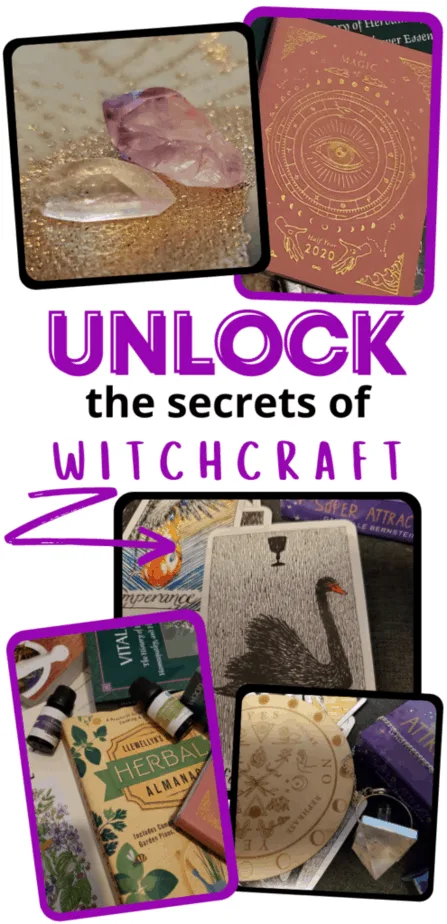 Unlock the secrets of witchcraft. Crystals on a gold and green altar cloth. A magical date book. Tarot cards. Essential oils and books on herbalism. A pendulum and pendulum board.