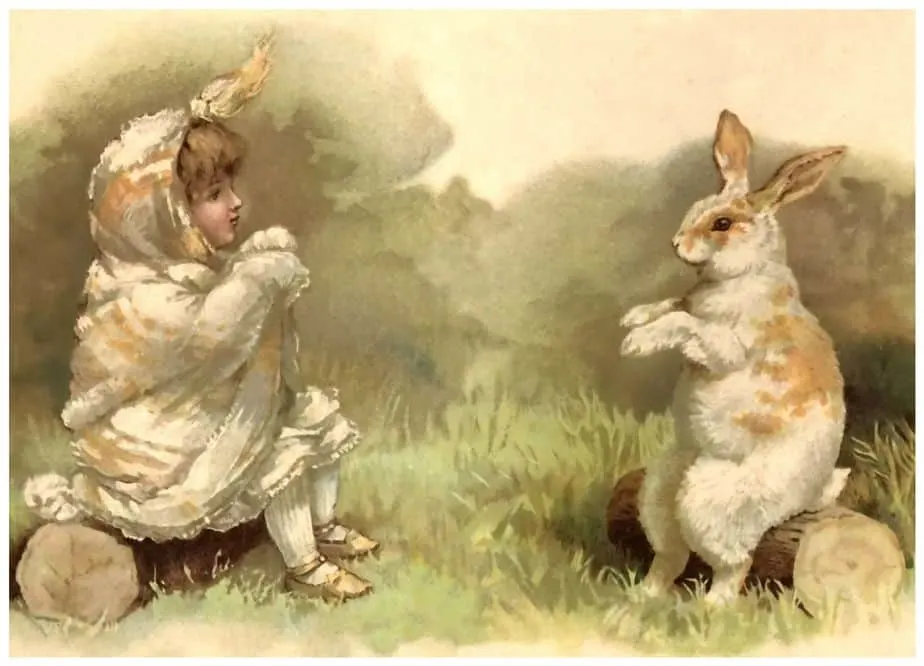 A rabbit or hare and a young child dressed like a baby chicken would make the goddess Ostara very happy
