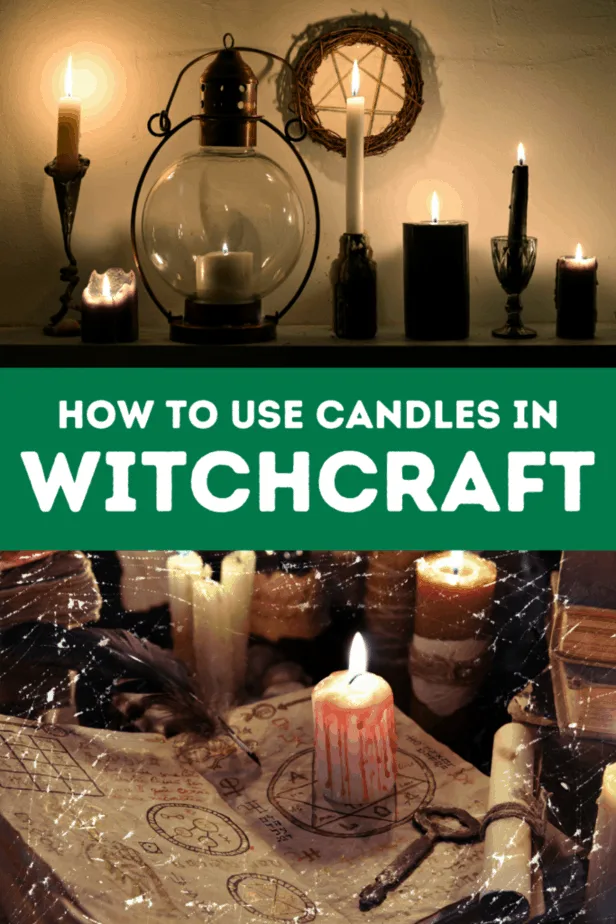 A ledge with dark witchy candles in black, yellow, and white. on the wall is a homemade pentagram decor. Rustic candles on a table. A book with occult teachings about witchcraft or alchemy. A rusty key. A parchment paper and feather. A white candle that looks like it's bleeding. How to use candles in witchcraft.