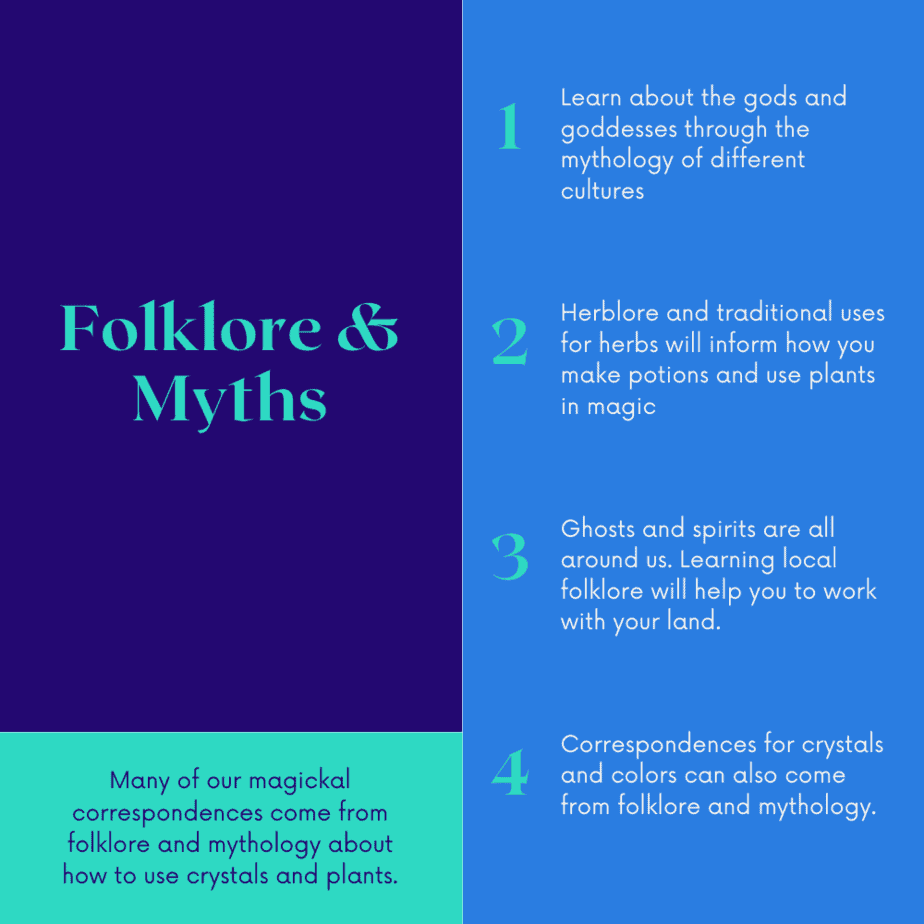 Folklore and myths for witches to research. Many of our magickal correspondences come from folklore and mythology about how to use crystals and plants. 1. Learn about the gods and goddesses through the mythology of different cultures.2. Herblore and traditional uses for herbs will inform how you make potions and use plants in magic3. Ghosts and spirits are all around us. Learning local folklore will help you to work with your land4. Correspondences for crystals and colors can also come from folklore and mythology