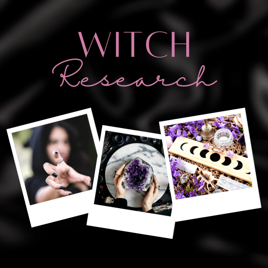 Witch research on a black background with 3 witchy polaroids.
