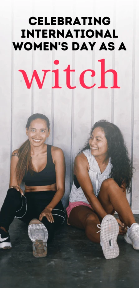 Celebrating international women's day as a witch. Two women sitting together and laughing after a workout.