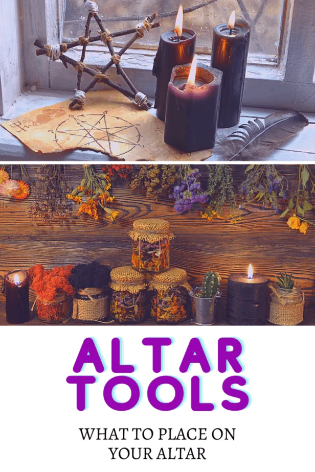 A pentacle made from sticks and twine. Black candles. A feather. A window and windowsill. Parchment with old occult symbols. Dried herbs in bottles and hanging on the wall. Succulents and cactuses. Altar tools: what to place on your altar.