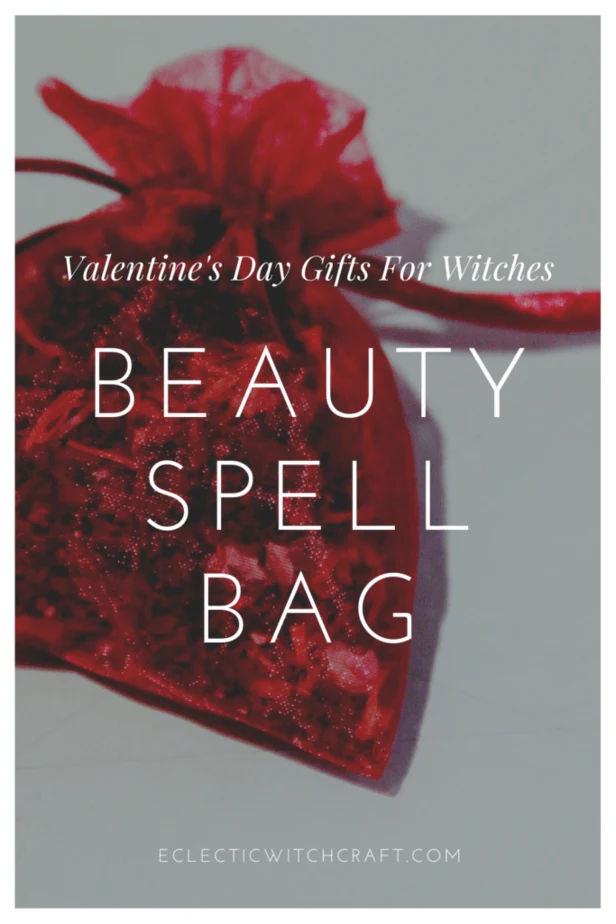 Valentine's Day Gifts For Witches. Beauty spell bag. A red sachet bag filled with herbs for beauty on a white background. Valentine's day gift ideas.
