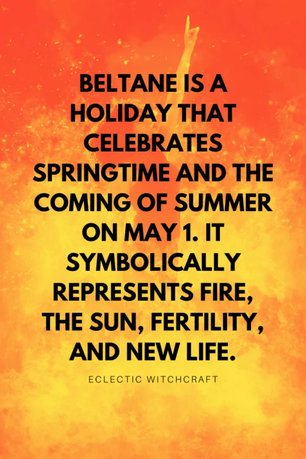 Beltane is a holiday that celebrates springtime and the coming of summer on May 1. It symbolically represents fire, the sun, fertility, and new life. Eclectic witchcraft. A woman engulfed in magical flames, showing off her witch powers.