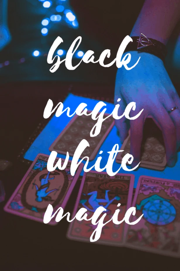Black magic vs white magic. A woman pulling tarot cards.