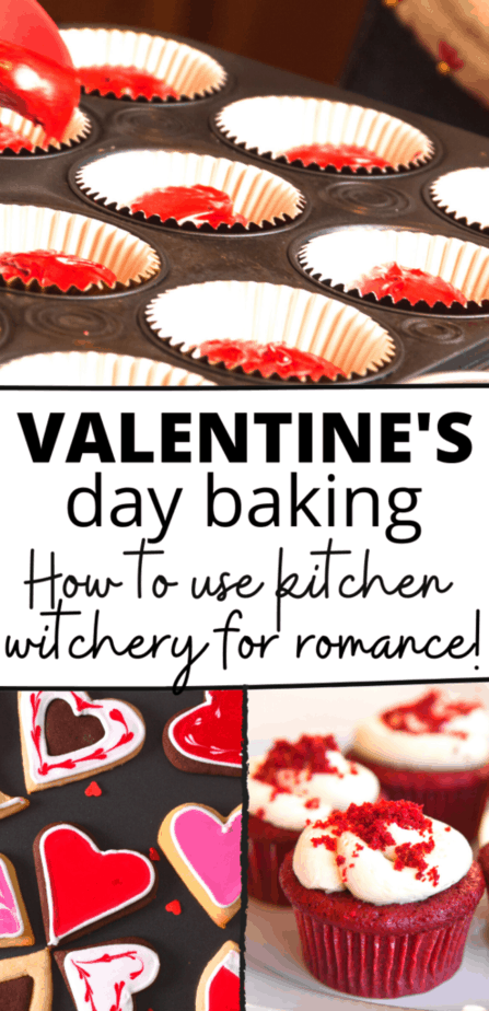Valentine's day baking: How to use kitchen witchery for romance! Red velvet cupcakes process shots and Valentine's day cookies decorated with colored icing in the shape of romantic hearts.