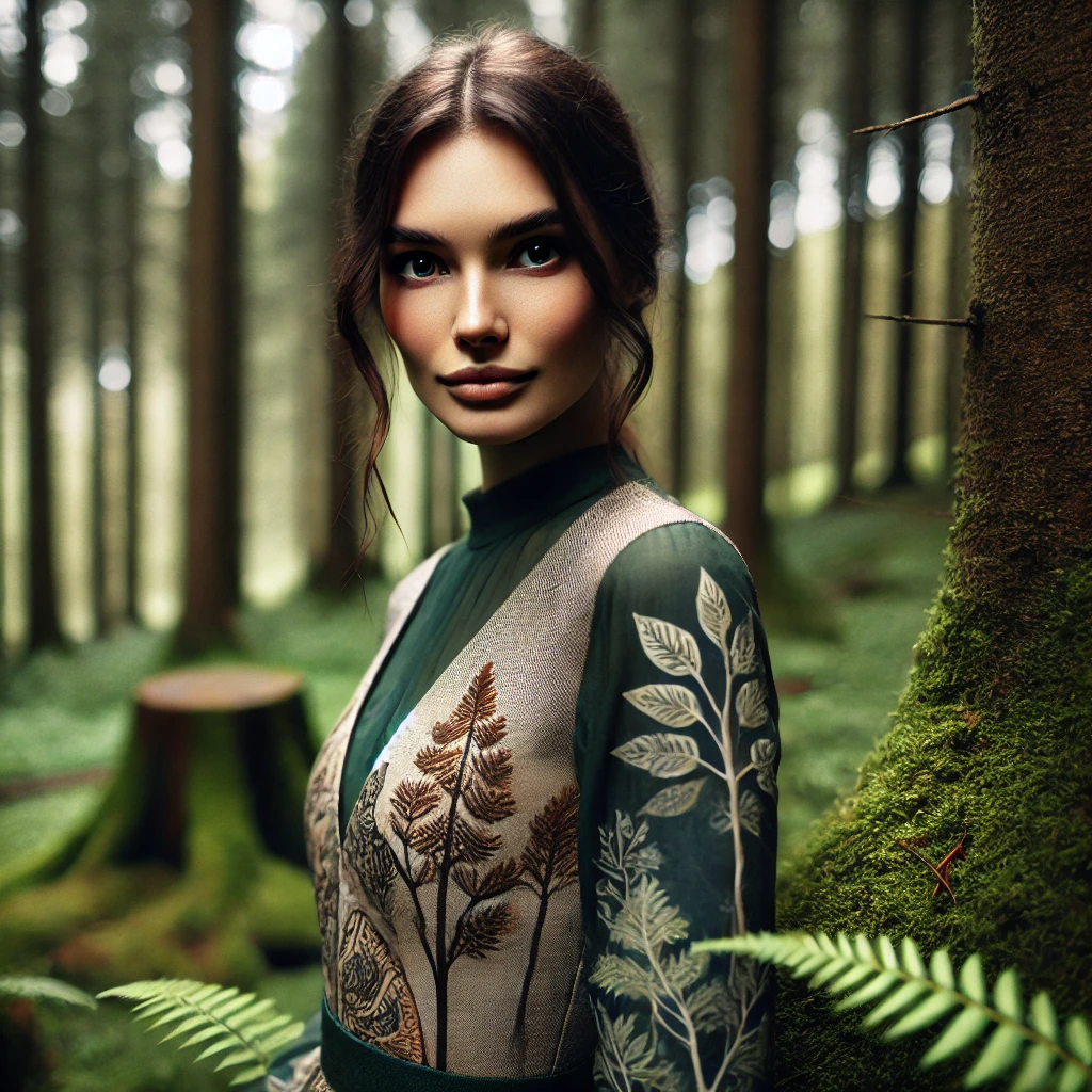A tightly cropped portrait of a modern witch in a forest, wearing forest-inspired modern clothes. She is surrounded by tall trees and lush greenery, with the background blurred to create a mystical and serene atmosphere. Her attire features earthy tones and natural textures, seamlessly blending with the environment. Her confident and serene expression reflects a deep connection with nature, embodying the forest witch aesthetic. This image captures the essence of a contemporary witch harmonizing with the natural world around her.
