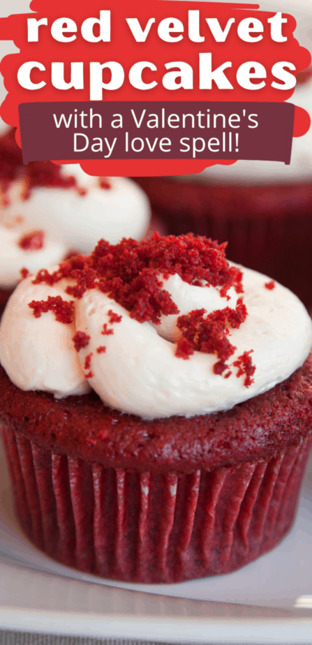 Red velvet cupcake with a Valentine's day love spell! Decadent red velvet cupcakes with a cream cheese frosting and crumbles on top.