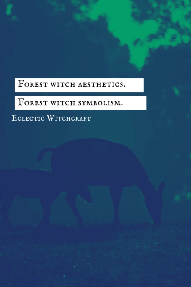Forest witch aesthetics. Forest witch symbolism. Eclectic witchcraft. Deer grazing on the ground in the forest.