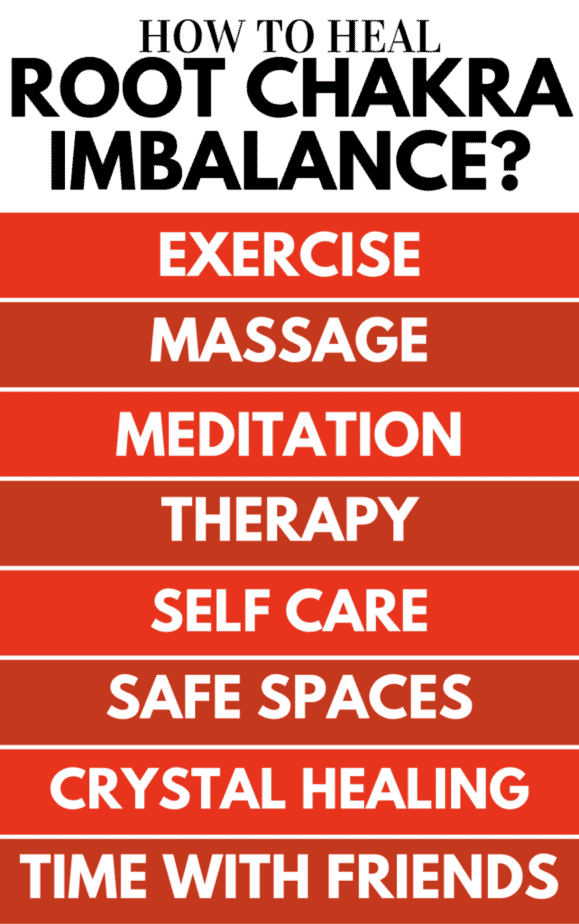 An infographic of how to heal root chakra imbalance.
