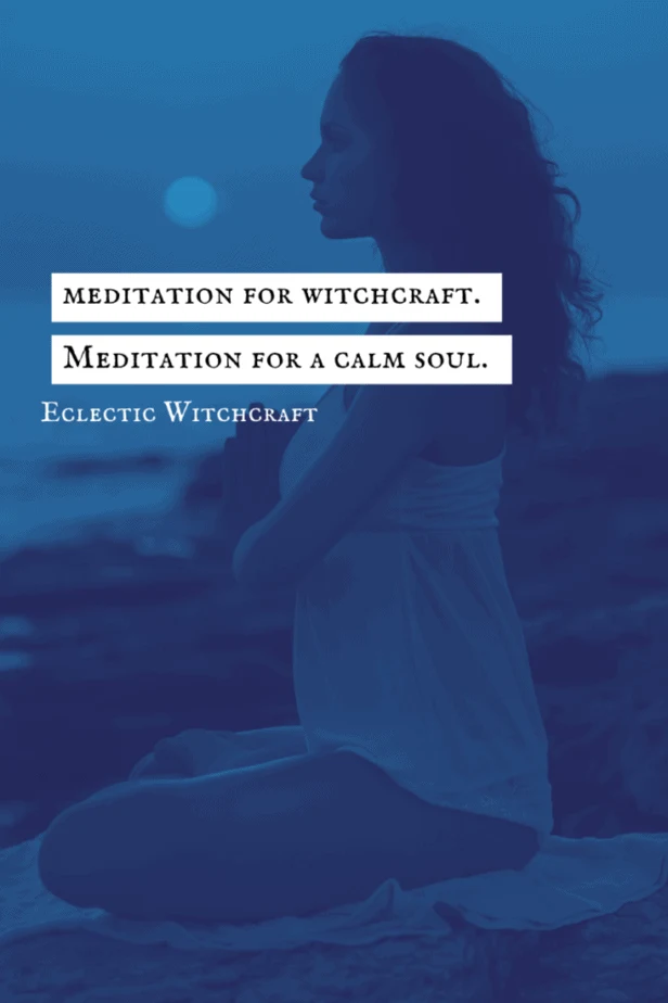 Meditation for witchcraft. Meditation for a calm soul. Eclectic Witchcraft. A woman meditating on a beach.