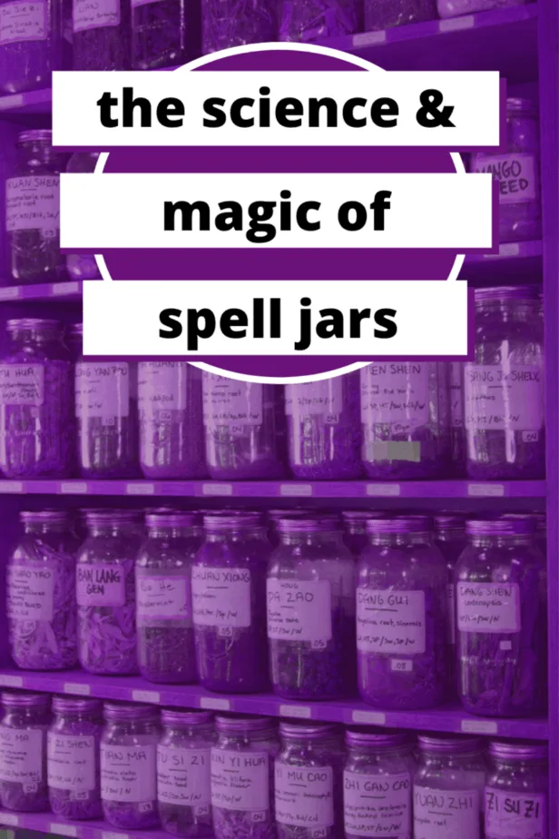The science and magic of spell jars. Jars lining a wall in a purple haze.