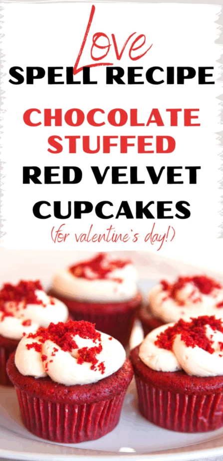 Love spell recipe: Chocolate stuffed red velvet cupcakes (for Valentine's Day!). Red velvet cupcakes with cream cheese frosting and red crumbles on top.